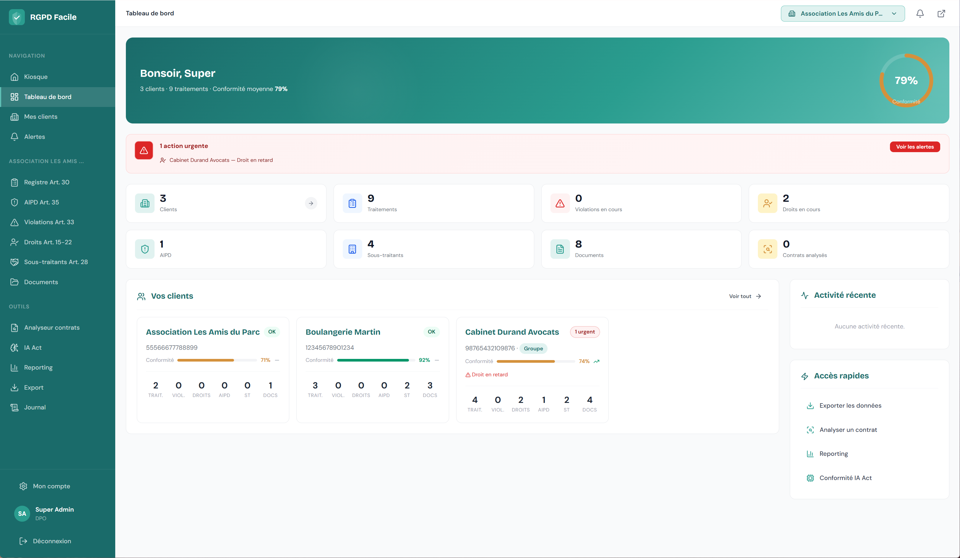 Tableau de bord Dativo — conformit&eacute; RGPD en temps r&eacute;el